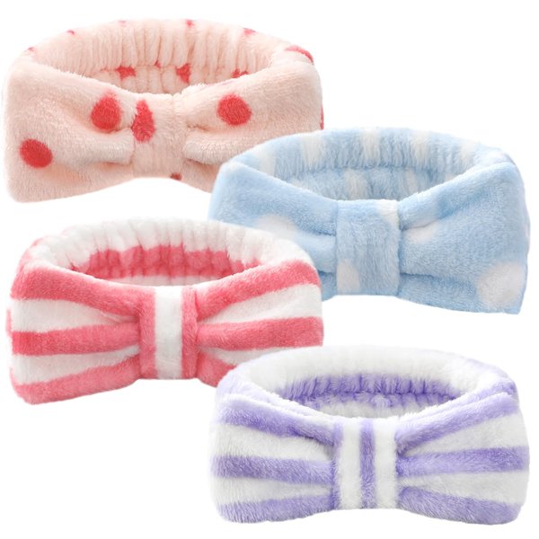 VITEVER 4 Pack Spa Headband for Washing Face, Girls Makeup Bow Tie Hair Band, Microfiber Women Headbands, Teen Girl Gifts Trendy Stuff, Gifts for Teen Girls -Multicolor