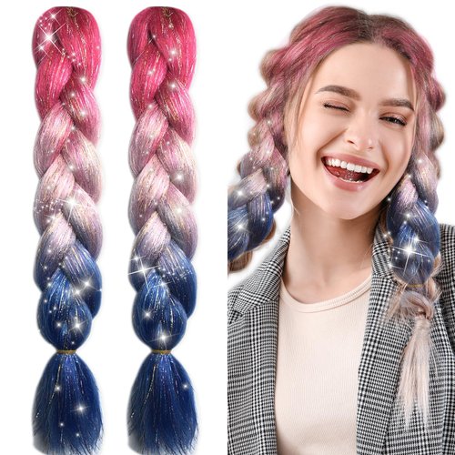 Bordedor Vibrant Braiding Hair Extension with Tinsel, Colored Hair Extensions Synthetic Braiding 3 Tone for Girls Women, Box Braids Twist 24 Inch