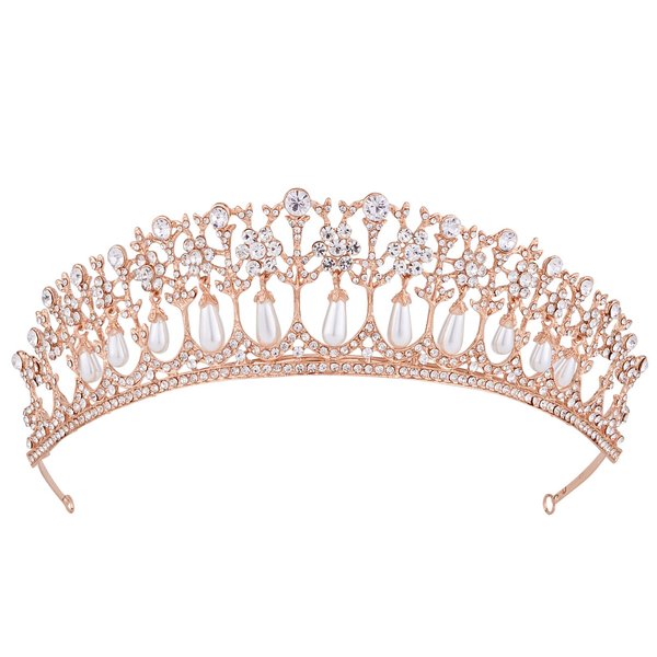 Vofler Wedding Tiara, Bride Pearl Crown - Rose Gold Crystal Rhinestone Headband for Women Queen Ladies Flower Girls Bridal Birthday Pageant Prom Homecoming Halloween Princess Diana Costume Party