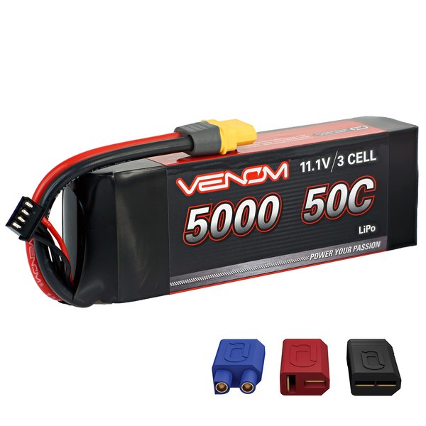 Venom Drive Series 50C 3S - 5000mAh 11.1V LiPo RC Battery - Universal 2.0 Plug, Lithium Polymer 3 Cell - Soft Silicone Connector & Compatible w/ XT60, Traxxas, Deans, EC3, 2WD, 4WD, Truck & Buggies