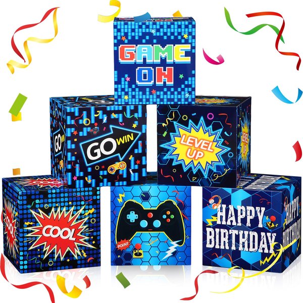 MotiMind 6 Pack Video Game Party Decorations Boxes Gamer Birthday Party Supplies Blue Video Game on Controllers Decor Boxes