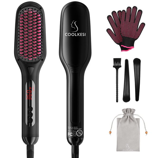 Ionic Hair Straightener Brush by COOLKESI, 30s Fast MCH Ceramic Heating Hair Straightening Brush with Anti Scald Feature, Auto-Off & Dual Voltage, Portable Frizz-Free Silky Electric Straightening Comb