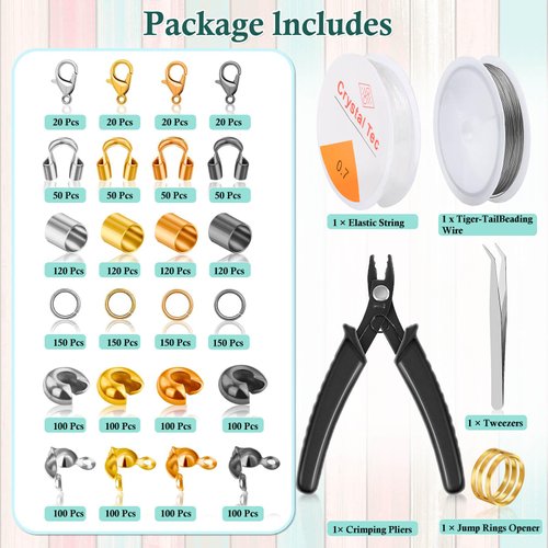 Acejoz 2160 Pieces Crimp Beads Kit for Jewelry Making, Knot Covers, Crimp Bead Covers, Crimp Tubes, Jump Rings and Wire Guardians with Crimping Pliers, Elastic String for Bracelets Necklaces Making
