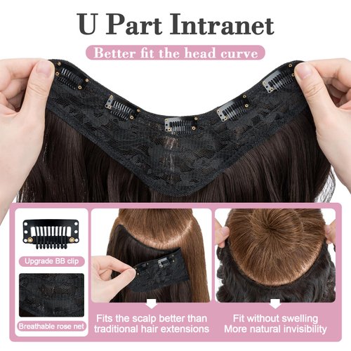 S-noilite One Piece Clip in Hair Extensions 18 Inch U-Shaped Dark Brown Hair Extensions Weft with 5 Clips 3/4 Full Head Long Wavy Synthetic Curly One Piece Thick Hairpieces for Women,#6/8