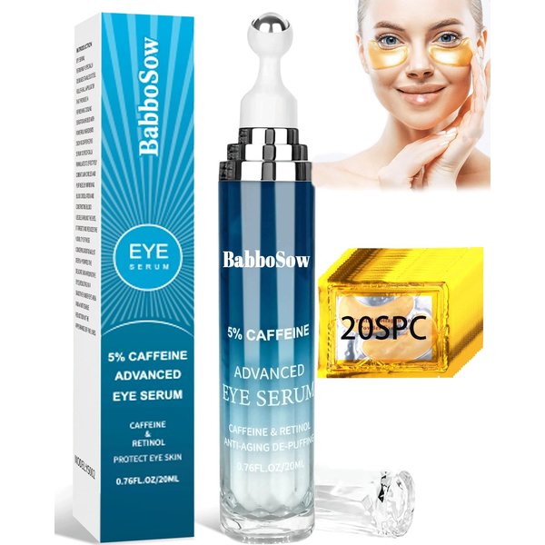 360° Massage Ball Eye Roller Cream with 5% Caffeine Eye Serum-Reduce Wrinkles and Fine Lines, 24K Gold Eye Masks Treatment (20pcs)-Rejuvenating Treatment for Dark Circles, Puffy Eyes, Dual Care (Blue)