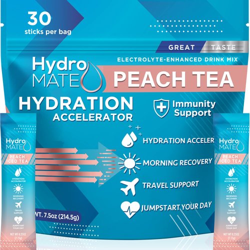 HydroMATE Electrolytes Powder Packets Drink Mix Low Sugar Hydration Accelerator Fast Party Recovery with Vitamin C B12 Peach Iced Tea 30 Sticks