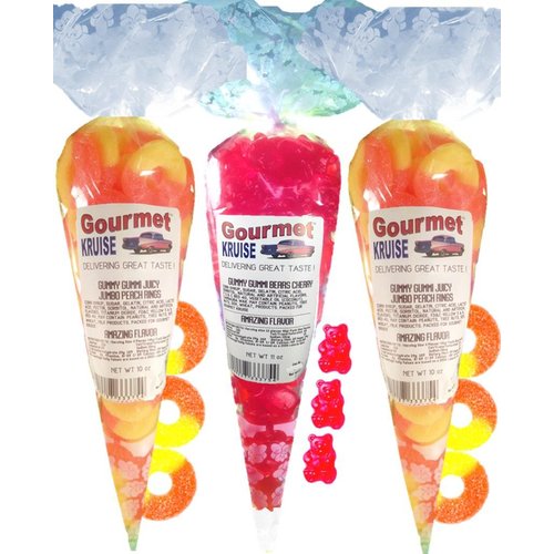 Gummy Rings (2) Jumbo Peach (1) Red Wild Cherry Gummi Bears (NET WT 31 OZ) Gourmet Kruise Signature Gift Bags
