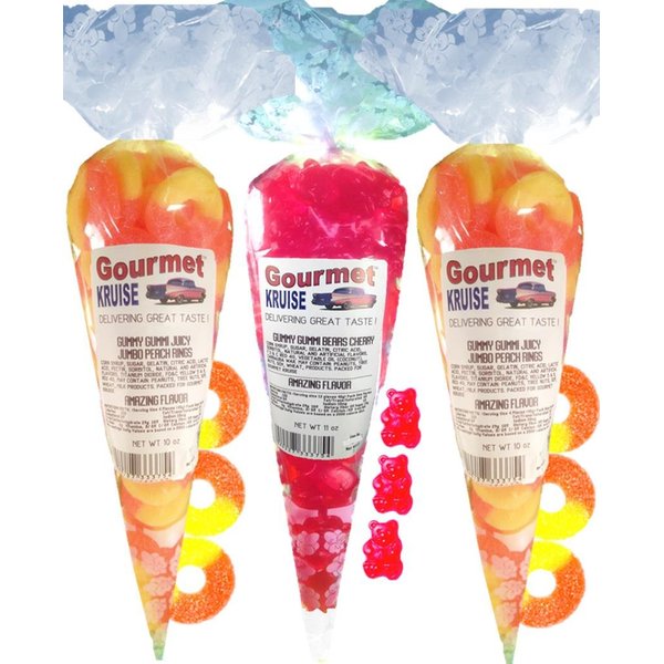 Gummy Rings (2) Jumbo Peach (1) Red Wild Cherry Gummi Bears (NET WT 31 OZ) Gourmet Kruise Signature Gift Bags