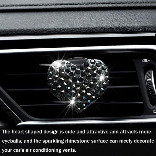 Osilly Car Bling Air Vent Clips, 2 Pcs Bling Heart Charm Air Conditioning Outlet Clip, Crystal Rhinestone Accessories, Sparkly Car Interior Decoration Cute Accessories for Women Girls (Black)