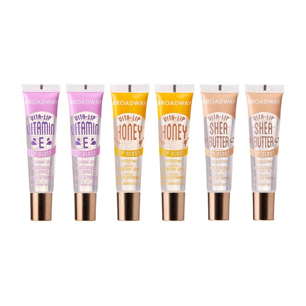 6 PACK Broadway Vita-Lip Gloss 2 Honey + 2 SHEA BUTTER + 2 Vitamin E Oil by Kiss Cosmetics
