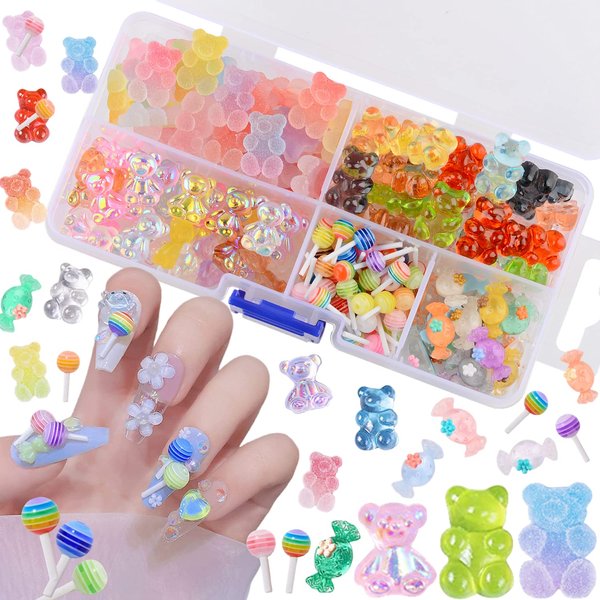 editTime 160PCS Kawaii Colorful Resin Acrylic 3D Bear Nail Art Charms for Nail DIY Crafting Scrapbook Accessories (Multicolor4)