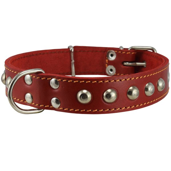 Genuine 1" Wide Thick Leather Studded Dog Collar. Fits 14"-17" Neck, Medium Breeds.