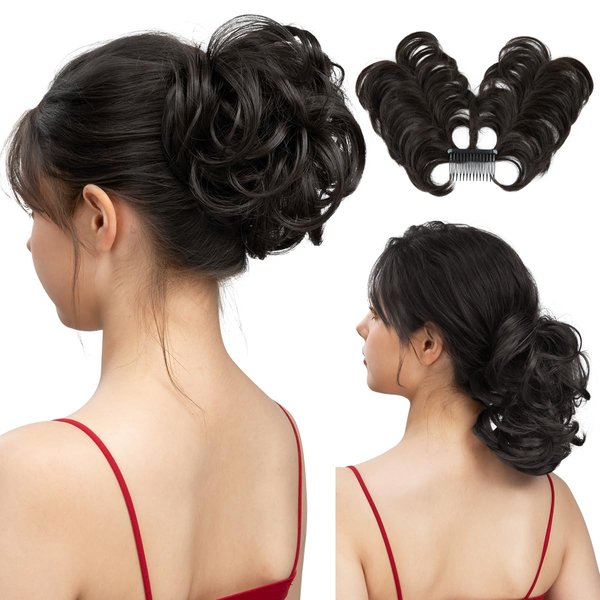 youngways Messy Bun Hair Piece Side Comb Clip in Hair Bun Hairpiece for Women Short Natural Straight Versatile Adjustable Styles Easy Hair pieces (Black Brown-C)
