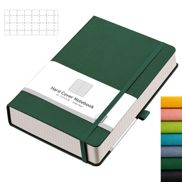 AHGXG Graph Paper Notebook - 320 Pages Grid Notebook Thick Journal A5, 100gsm Thick Graph Paper, Leather Hardcover, Inner Pocket,5.75'' × 8.38''- Green