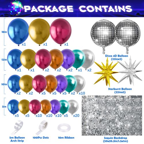 Winrayk Disco Party Decorations Birthday Supplies with Metallic Disco Balloon Garland Arch Kit Silver Sequin Backdrop Disco Ball Balloons for Adult Women Men 70s 80s 90s Disco Themed Party Decorations