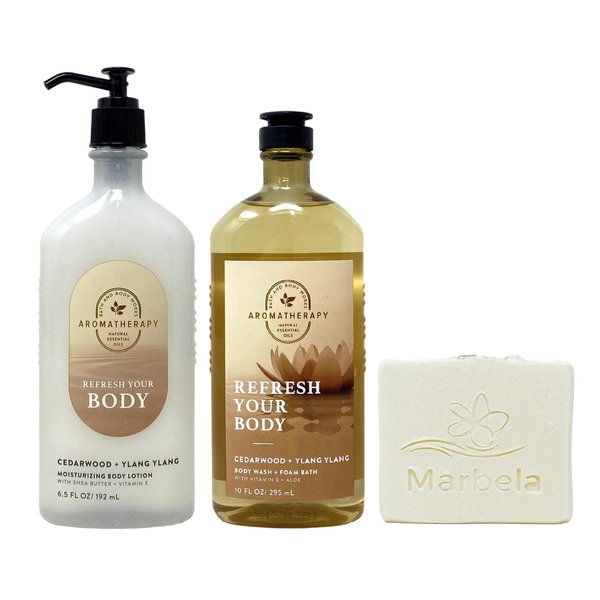Bath & Body Works Aromatherapy Refresh Your Body Cedarwood + Ylang Ylang Duo Set - Lotion and Body Wash + Foam Bath - with a Natural Oats Bar Soap - Full Size