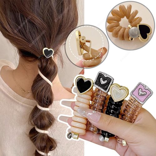 BASEMMAHER Heart Braided Telephone Wire Hair Bands Spiral Hair Ties Phone Cord New Phone Cord Straight Spiral Elastic Coils No Crease Hair Scrunchies Ponytail Holder Accessories for Women Girls 4Pcs