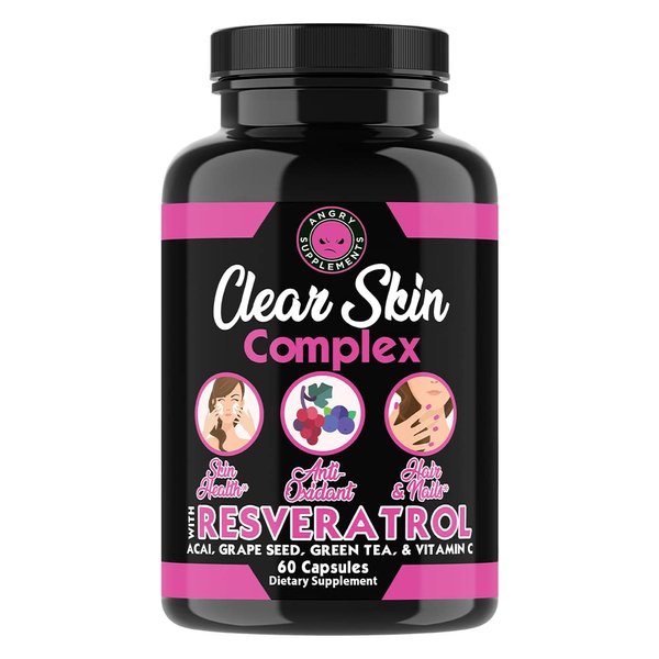 Angry Supplements Clear Skin Complex w. Resveratrol, Acai, Green Tea, Grape Seed & Vitamin C for Skin, Hair & Nail Health Beauty Blend (60ct/1-Bottle)