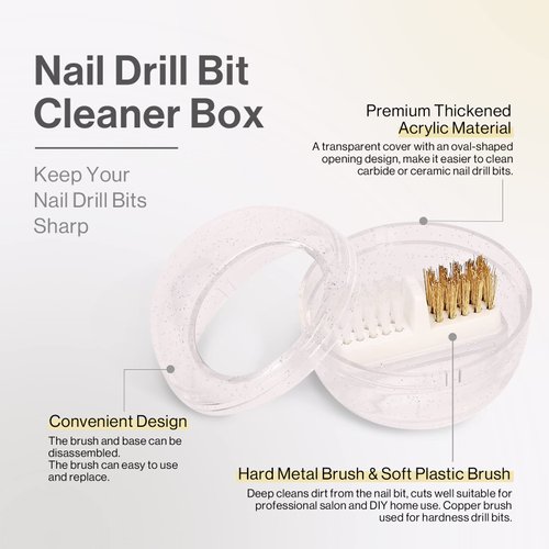 MelodySusie Nail Drill Bits Cleaner Brush Case Accessories with Clear Cover for Cleaning Tungsten Carbide Ceramic Nail Drill Bits Cuticle, Steel Wire & Nylon Double Brush - White