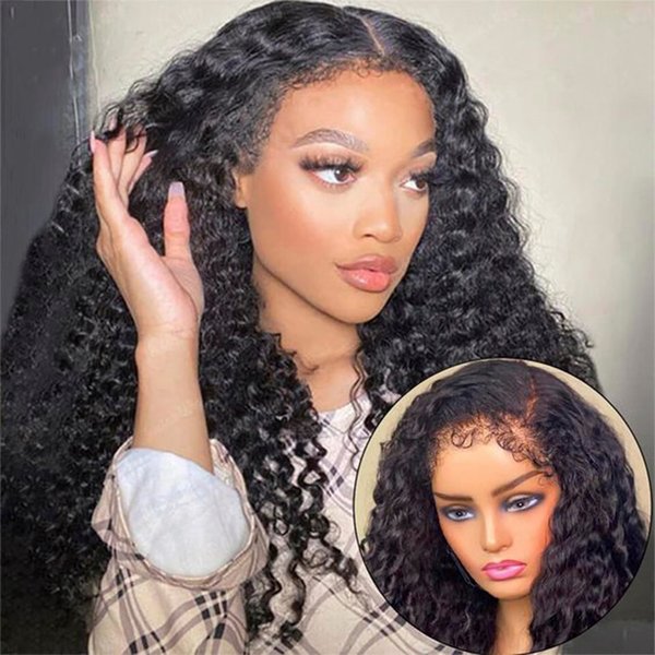 Uioxvn 13x4 Lace Front Wigs Human Hair Pre Plucked 4C Kinky Curly Edges Baby Hair HD Transparent Glueless Deep Curly Lace Front Wigs Human Hair for Black Women Glueless Wigs 150% Density (24 Inch)
