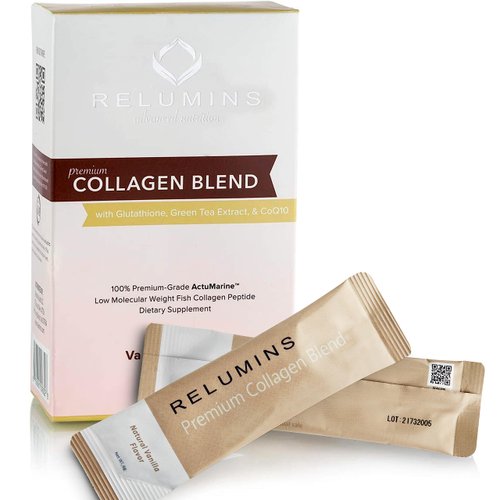 Relumins Marine Collagen Powder Drink Mix - Collagen Peptide with Glutathione, Green Tea, CoQ10, & Hyaluronic Acid Boosts Smooth Glowing Skin - 10 Powder Sachets x Vanilla Flavored