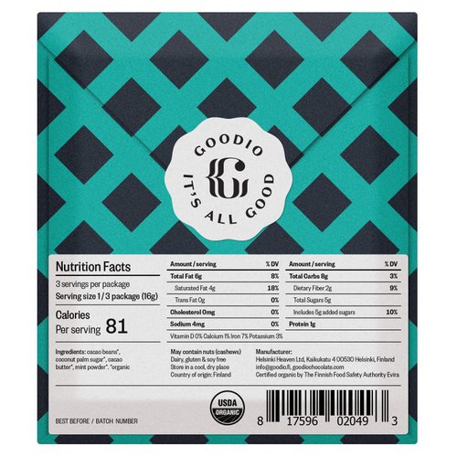 Goodio Organic Chocolate Bar, Mint 65%, 1.7 Ounce, Vegan, Gluten-free, Soy-Free, non-GMO