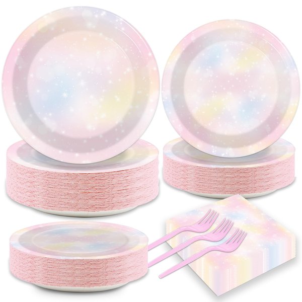 Naozinebi 200Pcs Pastel Rainbow Plates Napkins Pastel Party Decorations Dessert Tableware Set Cake Dinnerware Pastel Rainbow Paper Plates for Birthday Baby Shower Wedding Decor Supplies Serve 50