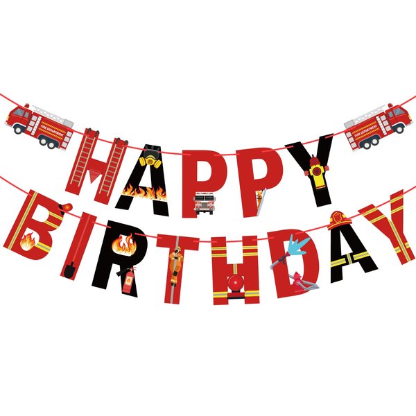 Fire Truck Happy Birthday Banner for Fire Engine Rescue Birthday Party Sign Firetruck Birthday Party Supplies Firefighter Birthday Party Decorations for kids Boys Red