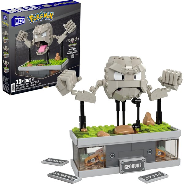 Mega Pokémon Building Toys Set, Mini Motion Geodude with 343 Pieces, 5 Inches Tall, Moving Arms and Mouth, Adult Collectible