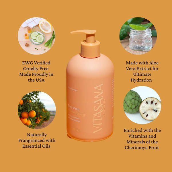 Vitasana Body Wash, EWG Verified, Plant Derived, Hypoallergenic, Paraben-Free, Sulfate-Free, Petroleum-Free, Cruelty-Free, Mandarin Orange, 16oz