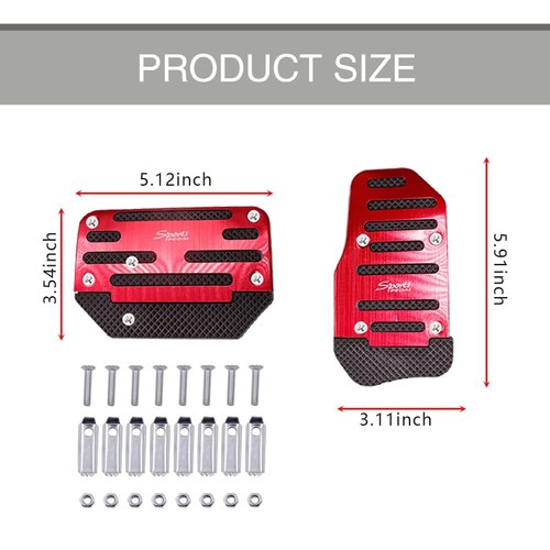 Slykew 2 PCS Automatic Transmission Car Accelerator Brake Pedal Replacement Kit, Alloy Scratch-Resistant Upgraded Anti-Slip Rubber Stripe Pedal, No Drilling Pedal Cover, Universal for Cars (Red)