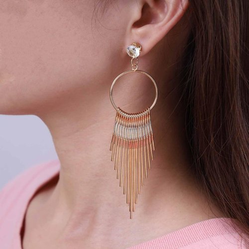 Sttiafay Boho Circle Bar Drop Earrings Hollow Circle Dangle Earrings Gold Chain Tassel Earrings Long Metal Tassel Earrings Jewelry for Women and Girls