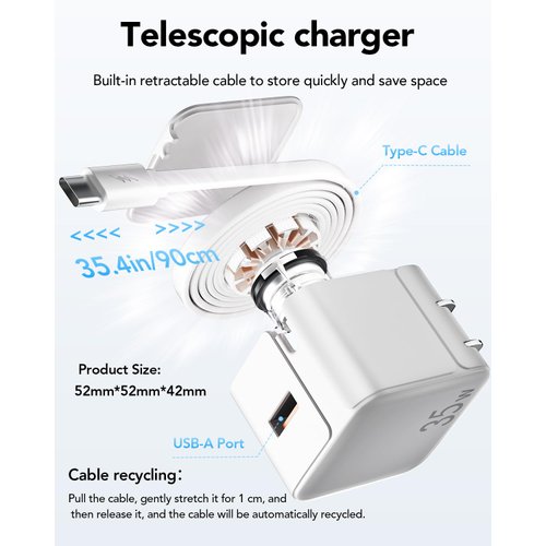 Retractable Wall Charger,35W PD Fast USB C Charger Block with Retractable Type-C Cable,Portable Charger Fast Charging Adapter with Foldable Plug for iPhone 16/15,iPad Pro 13,12.9,11 inch,Galaxy,Pixel