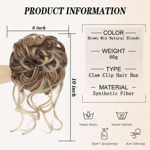 MSMUSAS Messy Bun Hair Piece Claw Clip Curly Wavy Faux Hair Bun Tousled Updo Hair Extensions Scrunchie Long Beard Chignon Buns Hair pieces for Women(Brown Mix Natural Blonde)