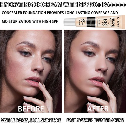 Hydrating BB Cream with SPF 50+ PA++++,Waterproof Flawless Concealer Full Coverage BB Cream for All Skin Types,Long Lasting Moisturizing Full Coverage Liquid Foundation for Men & Women（Ivory）