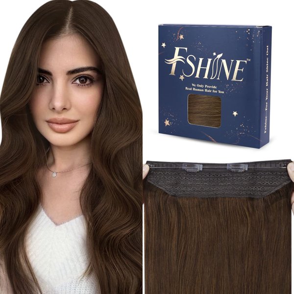 Fshine Wire Hair Extensions Real Human Hair - Color 4 Medium Brown 18 Inch 80g Wire Human Hair Extensions Remy Hair - Hairpiece Natural Straight Hair Extensions with Invisible Fish Line for Women