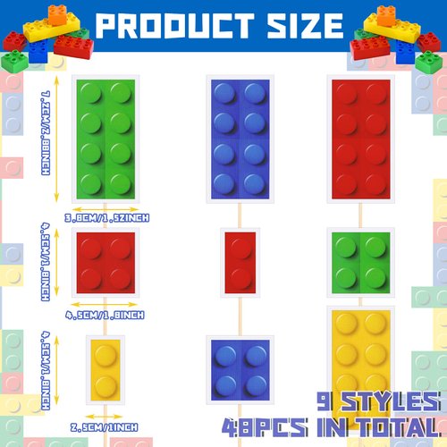 48 Pieces Color Building Block Themed Cupcake Toppers Building Block Party Favors Building Block Party Decorations for Kids Adults Party Supplies