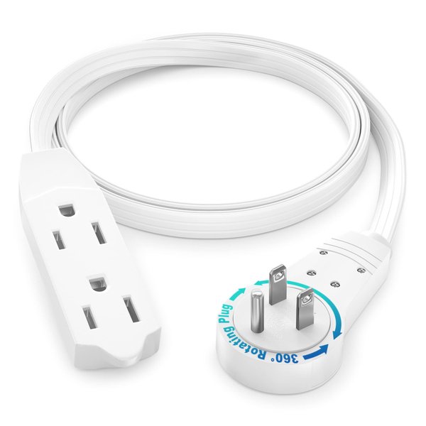 Maximm Cable 2 Ft 360° Rotating Flat Plug Extension Cord/Wire, 16 AWG Multi 3 Outlet Extension Wire, 3 Prong Grounded Wire - White - UL Certified