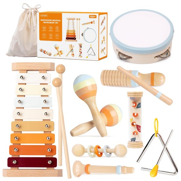 Montessori Baby Musical Instruments Wooden Toys for Toddlers 18 months Educational Percussion Instruments drum Set with Xylophone for Kids Birthday Gifts for 2-4 year old Instruments with Storage Bag