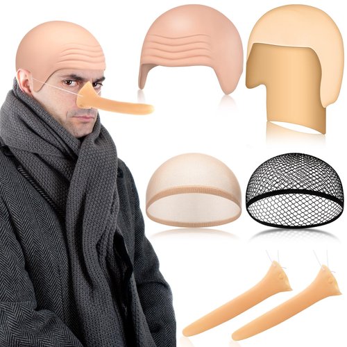 WILLBOND 6 Pcs Halloween Bald Caps Makeup Latex Bald Head Wig Caps Long Fake Nose Accessories for Men Women Adults Teens Bald Hat Nose Extension Fairy Tale Costumes for Cosplay Theme Party