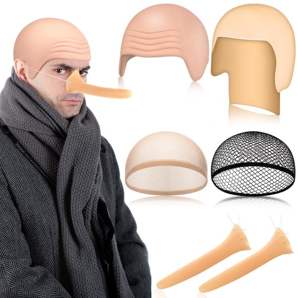 WILLBOND 6 Pcs Halloween Bald Caps Makeup Latex Bald Head Wig Caps Long Fake Nose Accessories for Men Women Adults Teens Bald Hat Nose Extension Fairy Tale Costumes for Cosplay Theme Party