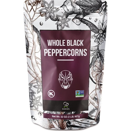 Soeos Black Peppercorns, 32oz (Pack of 1), Non-GMO, Kosher, Packed to Keep Peppers Fresh, Peppercorn for Grinder Refill, Whole Peppercorns