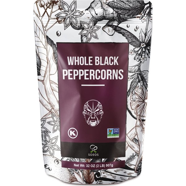 Soeos Black Peppercorns, 32oz (Pack of 1), Non-GMO, Kosher, Packed to Keep Peppers Fresh, Peppercorn for Grinder Refill, Whole Peppercorns