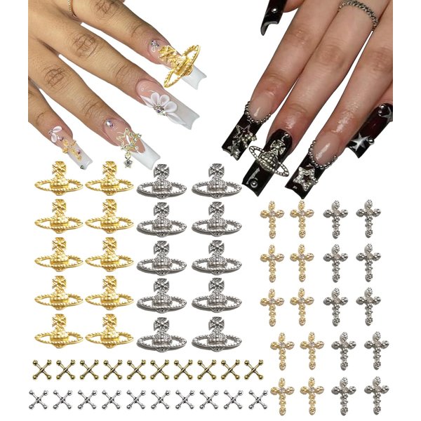 60Pcs Planet Nail Charms Cross Nail Charms for Acrylic Nails Gold and Silver 3D Y2K Kawaii Nail Jewelry DIY Nail Art Decoration Supplies Mental Nail Gems for Women and Girls, Silver and Gold