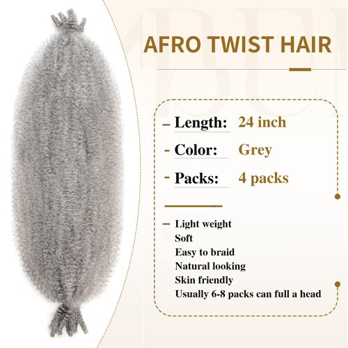 24 Inch Pre-Separated Springy Afro Twist Hair 4 Packs Afro Twist Hair for Soft Locs Marley Twist Crochet Braiding Hair Synthetic Hair Extensions(8 Strands/Pack,Gray#)