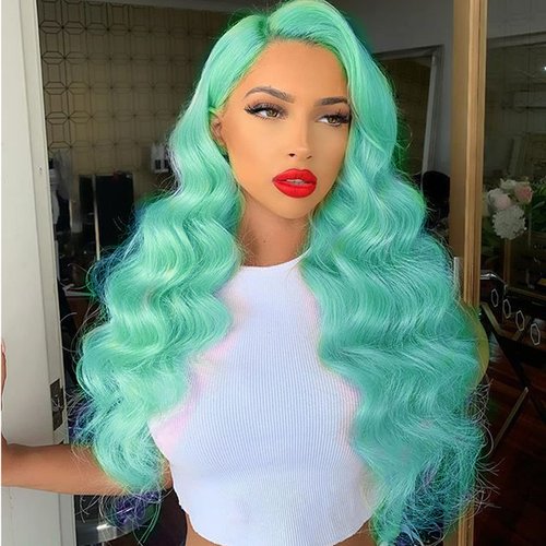 Karissa Hair Green Blue Lace Front Wigs for Women Body Wavy Soft Green Realistic Synthetic Wig with Natural Hairline Ice Green Long Lace Wigs for Cosplay Makeup 24 Inch