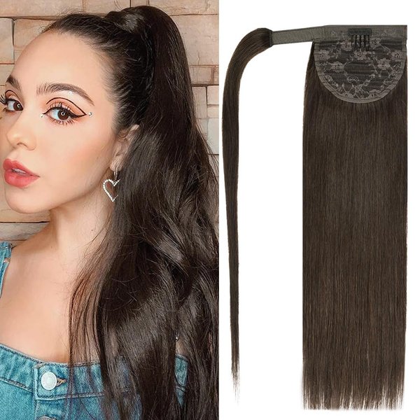 16" Human Hair Ponytail Extensions #2 Dark Brown 75g 100% Remy Human Hair Wrap Around Long Ponytail Clip in Hair Extensions Straight One Piece Hairpiece (16", Dark Brown)