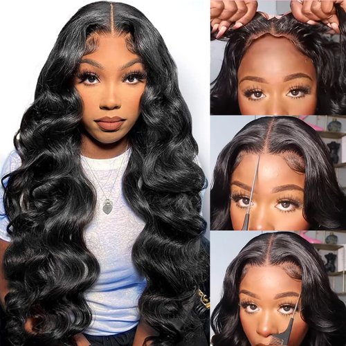 MUZOJET 13x6 Glueless Wigs Human Hair Pre Plucked/Cut 26 Inch Wear and Go Wig 10A HD Body Wave Lace Front Wigs Human Hair 180 Density Wigs for Women No Glue 3 Seconds for Beginners