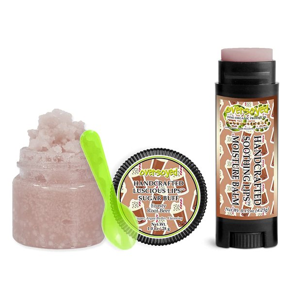 Frosty Root Beer Soothing & Luscious Lips by OverSoyed Exfoliator & Chapped Lip Repair Lip Care Combo | Artisan Handcrafted to Order Root Beer Molasses Honey Caramel Sassafras Cream Flavored Exfoliating Sugar Lip Scrub & Lip Moisturizer Balm Gift Set