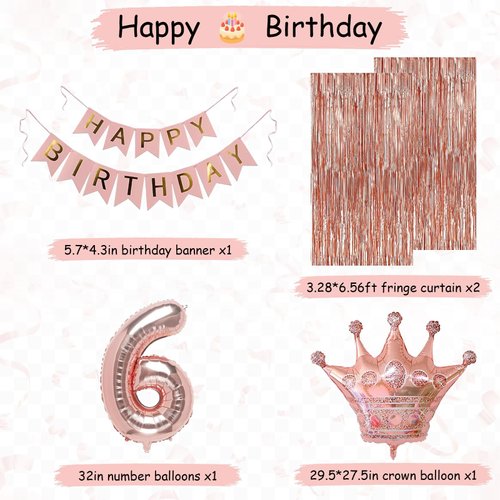 6th Rose Gold Birthday Party Decorations for Girls, Rose Gold Happy Birthday Banner, Fringe Curtains, Heart Foil Balloons, Crown Balloons for Girls' 6th Birthday Decorations